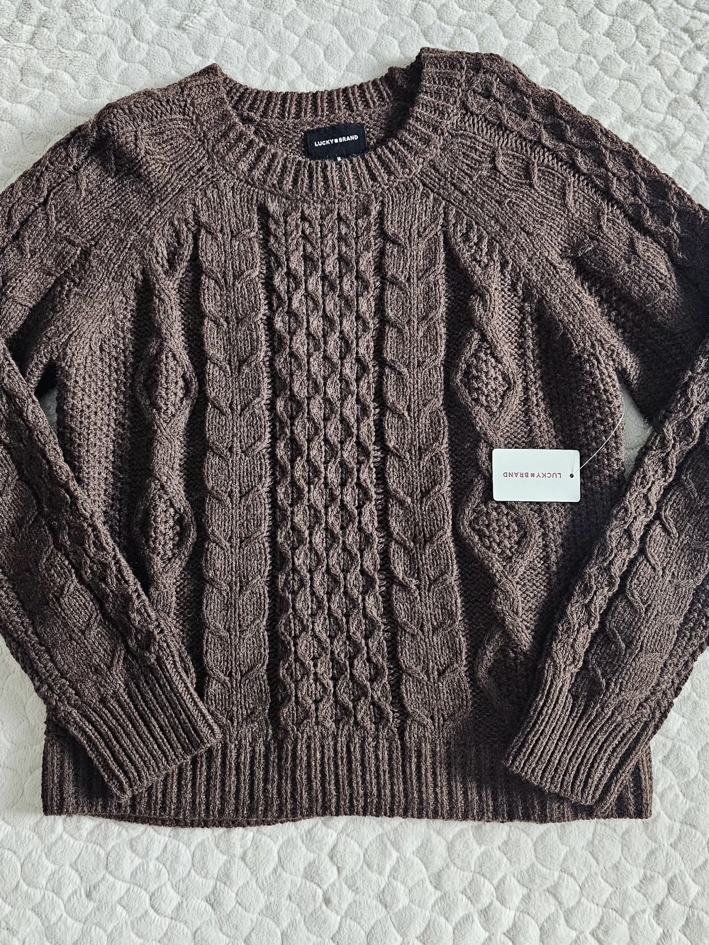 New Lucky Brand Women's Cable-Knit Crewneck Sweater in Chocolate